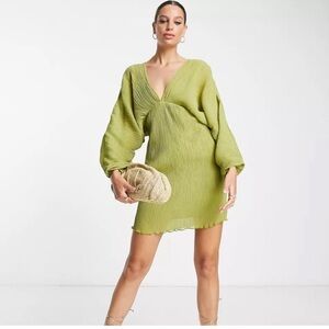 ASOS Lime Green Textured Pilsse Mini Dress with batwing sleeve 👒